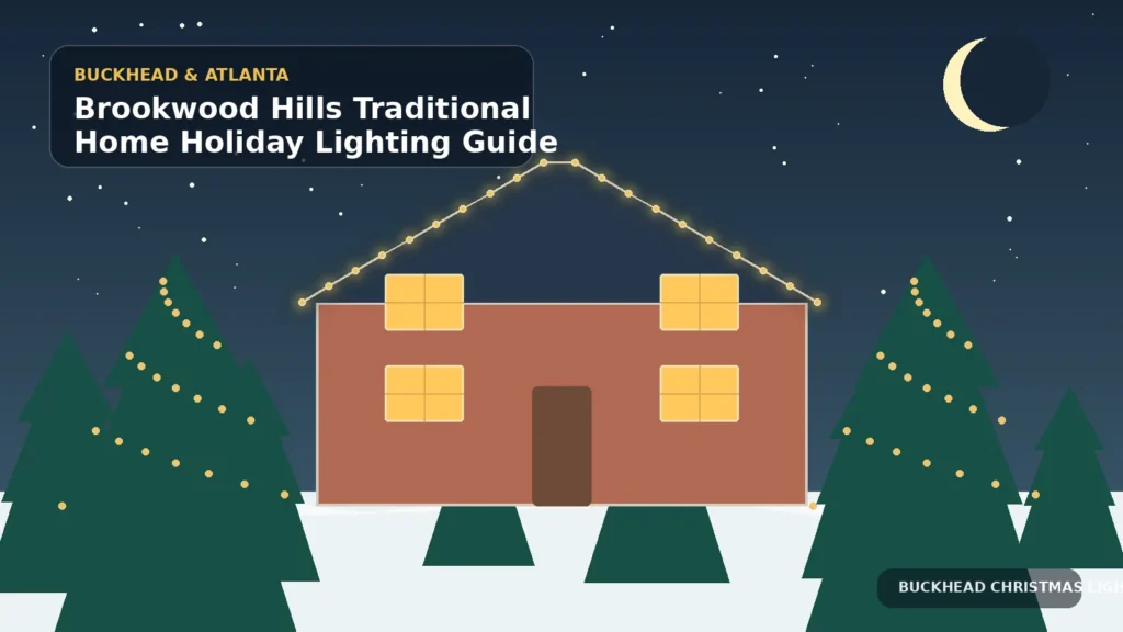 Illustration of a traditional brick Brookwood Hills home with warm holiday lighting