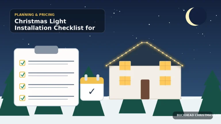 Illustration of an Atlanta homeowner Christmas light checklist beside a decorated home