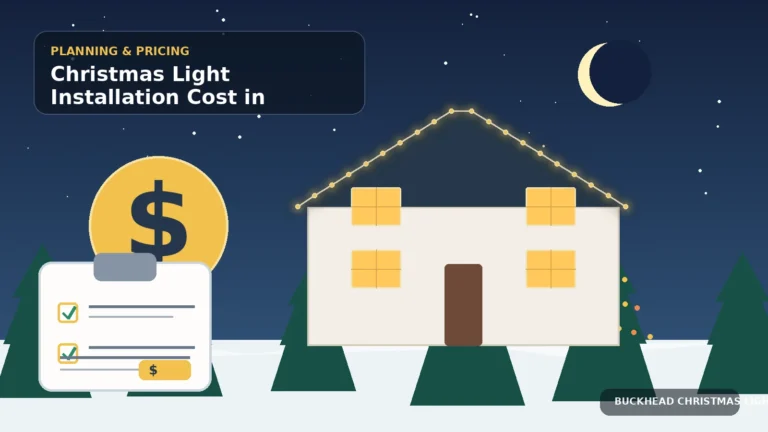 Illustration of an illuminated Atlanta home beside a dollar sign and Christmas light quote checklist