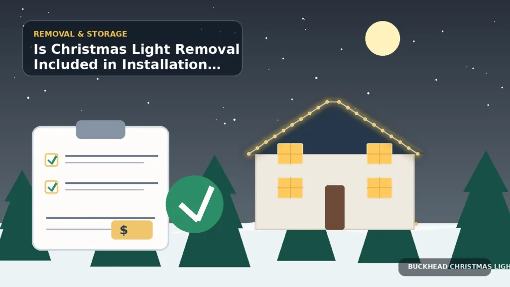 Illustration of a Christmas light quote, removal checkmark, and decorated home