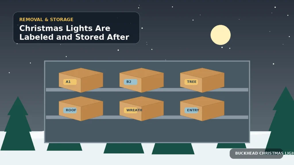 Illustration of Christmas light sets organized in labeled boxes on storage shelves