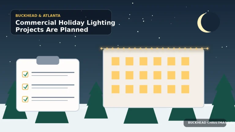 Illustration of a commercial building with roofline lights and a project planning checklist