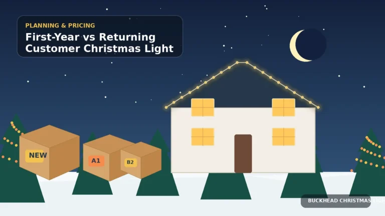 Illustration of new and labeled returning-customer light boxes beside a decorated home