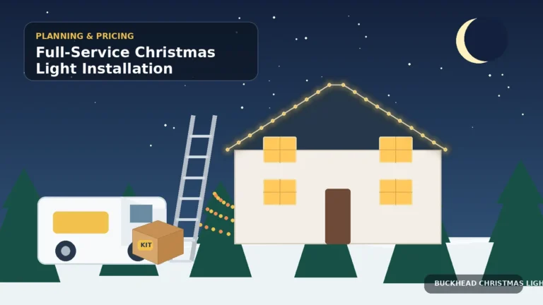 Illustration of a full-service Christmas light crew with a van, ladder, supplies, and decorated home