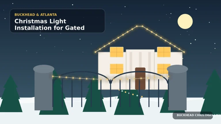 Illustration of an illuminated Buckhead estate behind a decorated gated entrance