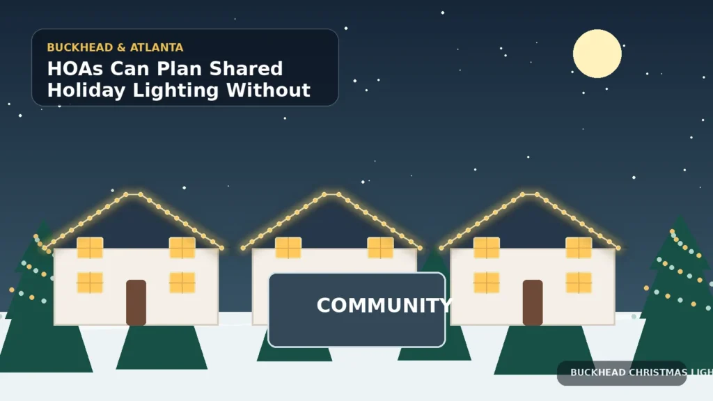 Illustration of coordinated holiday lighting across homes and a shared community entrance