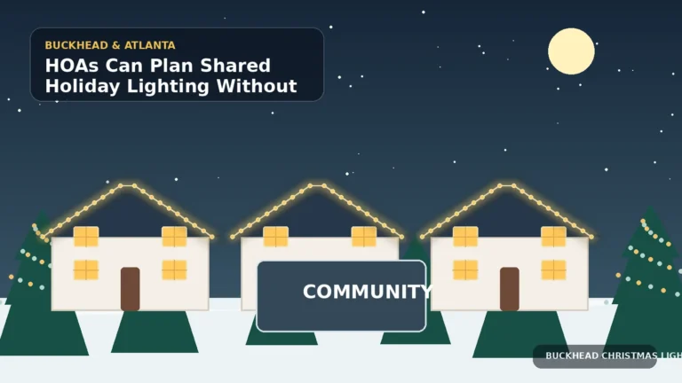 Illustration of coordinated holiday lighting across homes and a shared community entrance