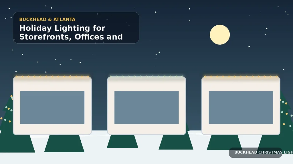 Illustration of coordinated holiday lighting across storefront, office, and common-area facades