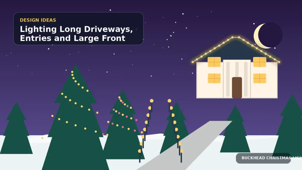 Illustration of a long illuminated driveway, entry lights, trees, and a large front yard