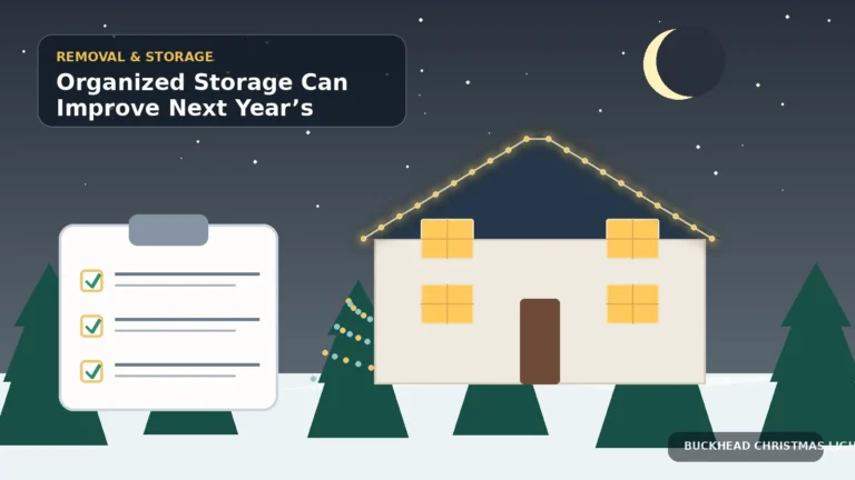 Illustration of neatly labeled Christmas light boxes arranged on organized storage shelving