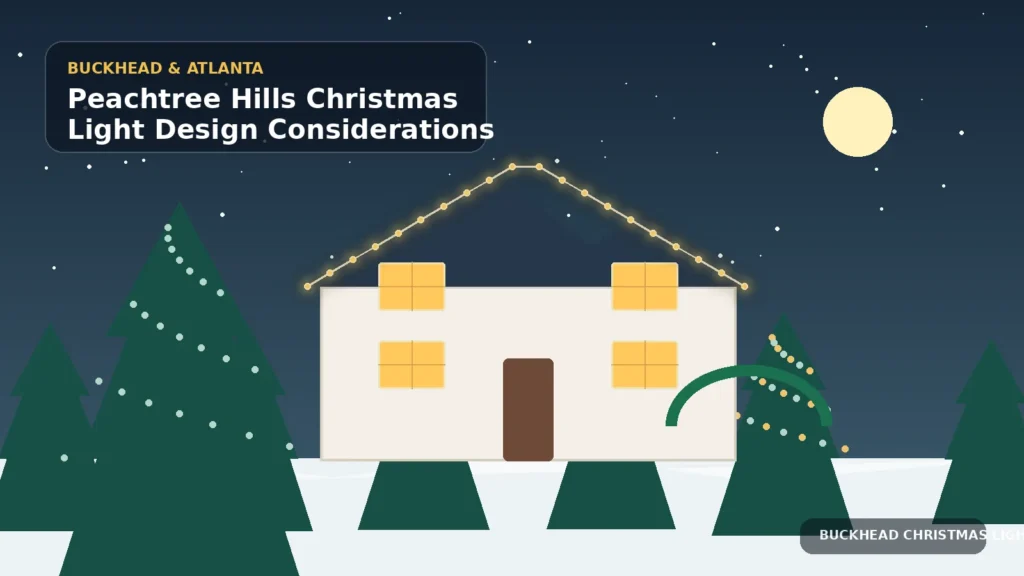 Illustration of a Peachtree Hills cottage with roofline, tree, and entry lighting