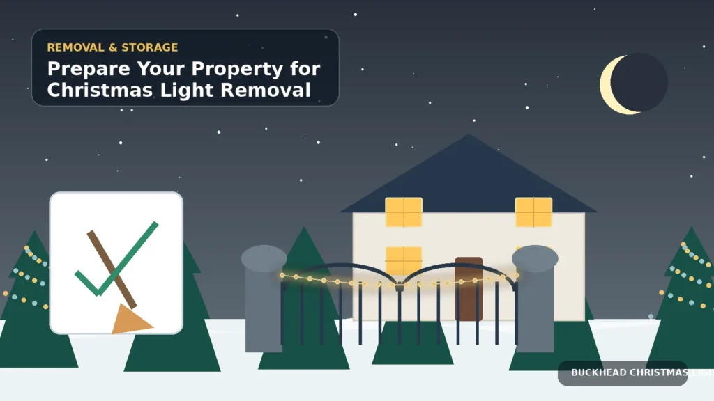 Illustration of a cleared property entrance, open gate, and removal preparation checklist
