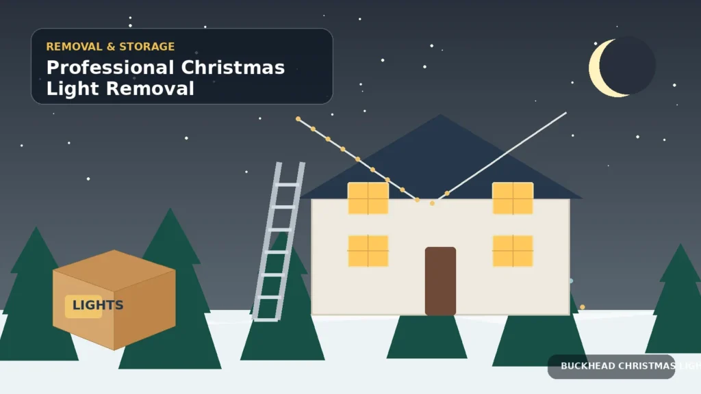 Illustration of a crew removing roofline lights with a ladder and labeled storage box