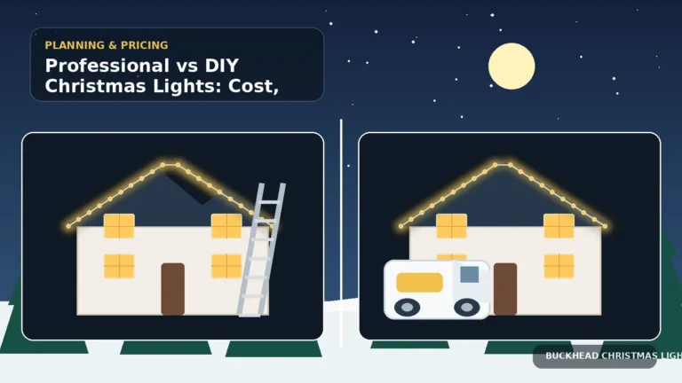 Split illustration comparing DIY ladder installation with a professional Christmas light crew