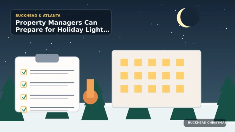 Illustration of a property manager checklist beside a lit multi-unit commercial building