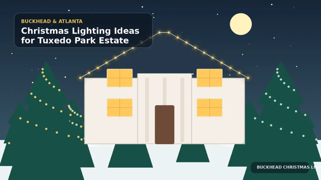 Illustration of a large Tuxedo Park estate with roofline lights and decorated trees
