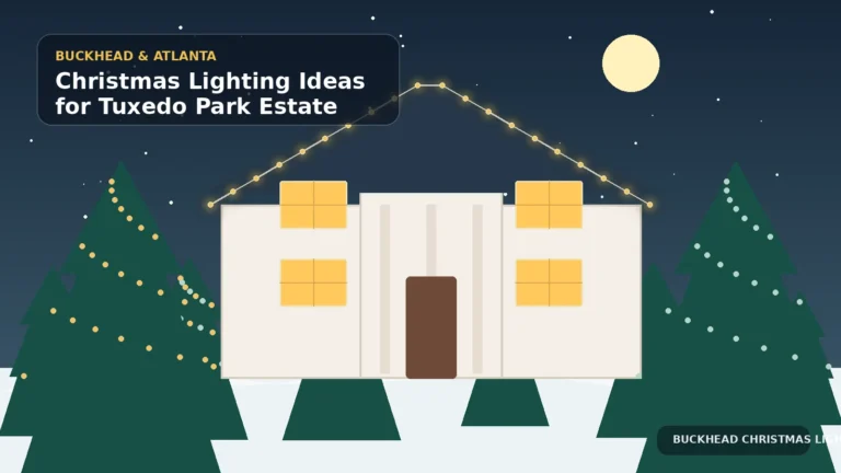 Illustration of a large Tuxedo Park estate with roofline lights and decorated trees